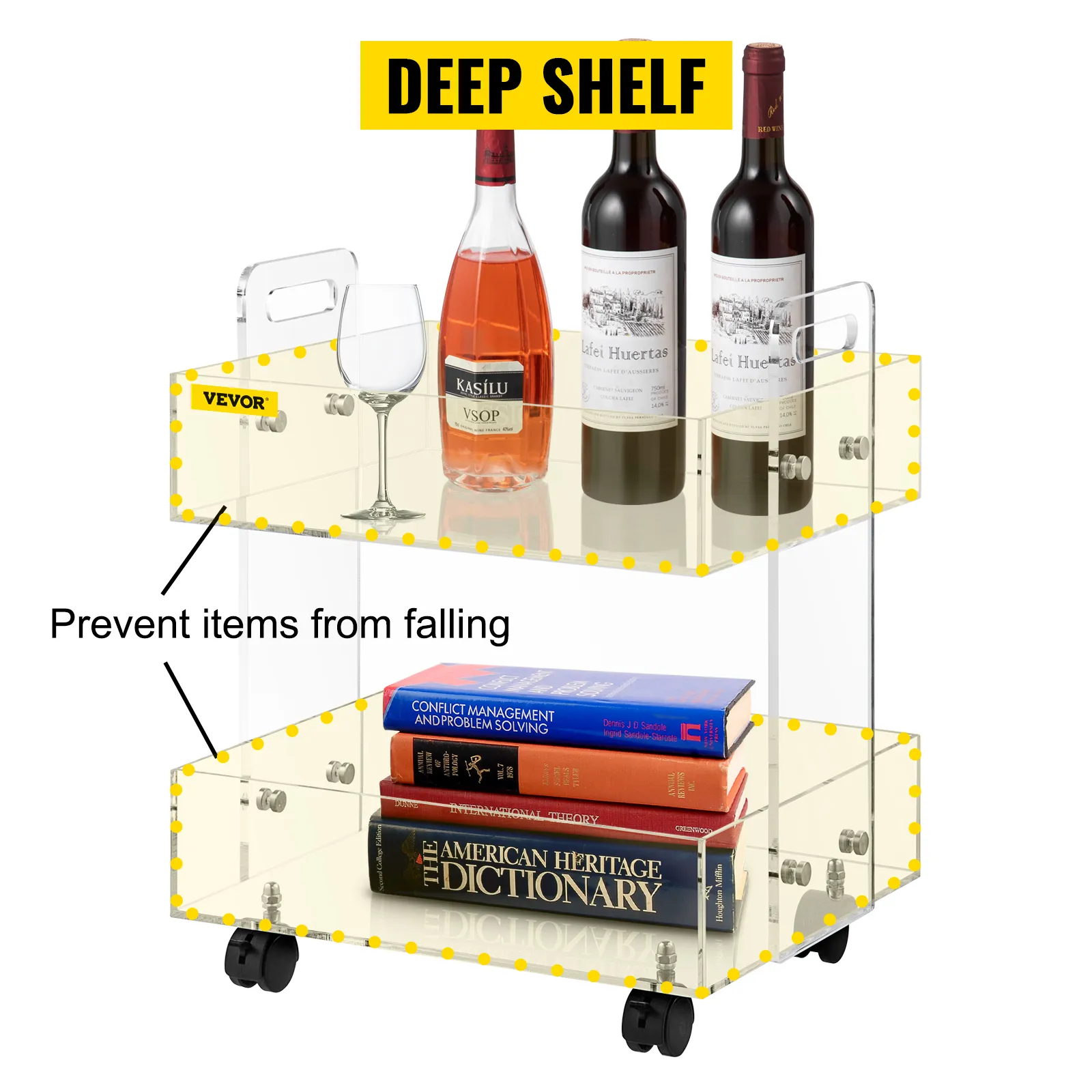 VEVOR acrylic cart with deep shelves holding wine, books, and glassware, designed to prevent items from falling.