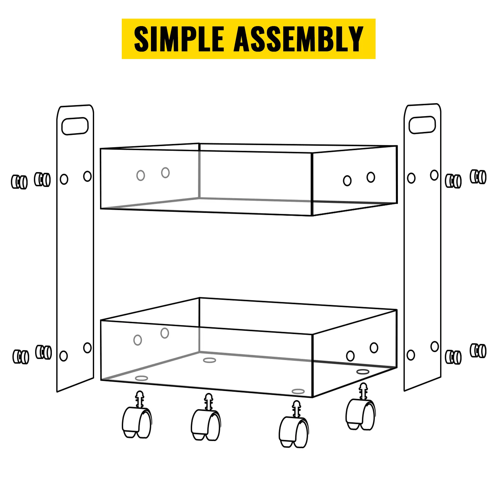 VEVOR acrylic cart assembly instructions with labeled parts and "simple assembly" text above.