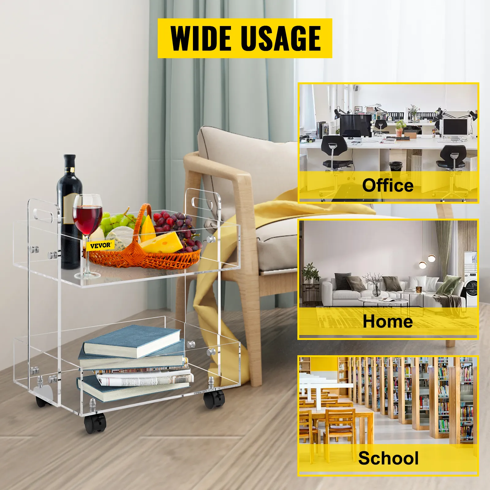 VEVOR acrylic cart used for office, home, and school settings with fruits, books, and decor items.