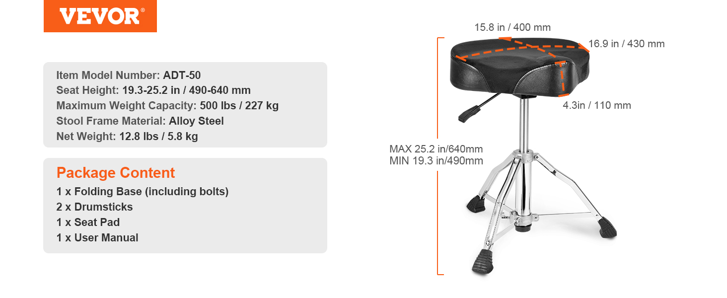 VEVOR Hydraulic Saddle Drum Throne, 19.3-25.2 in / 490-640 mm