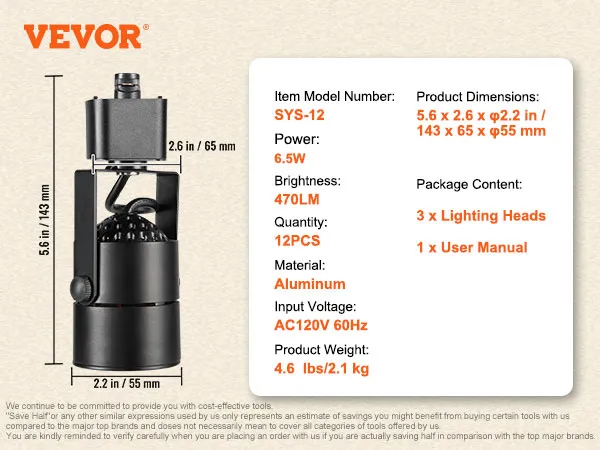 VEVOR led track lighting heads image displaying model sys-12 with specs: 6.5w, 470lm, aluminum, pack of 12.