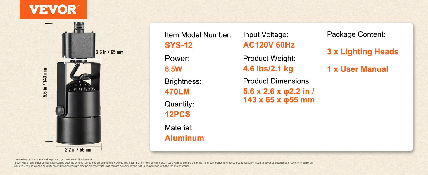 VEVOR led track lighting heads image displaying model sys-12 with specs: 6.5w, 470lm, aluminum, pack of 12.