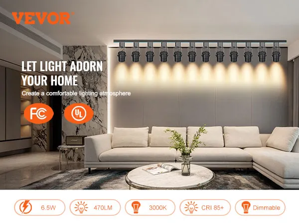 VEVOR led track lighting heads offering dimmable, 470lm, 3000k, cri 85+ illumination for home.