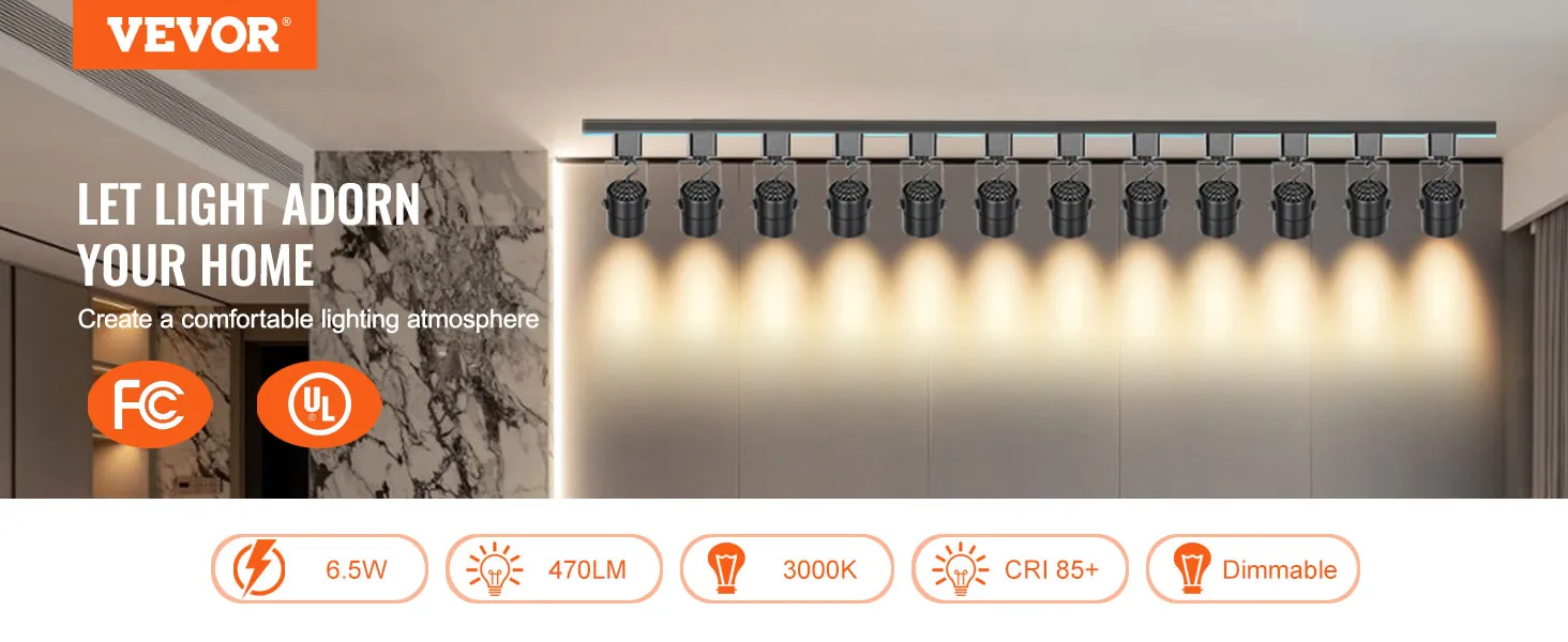 VEVOR led track lighting heads offering dimmable, 470lm, 3000k, cri 85+ illumination for home.