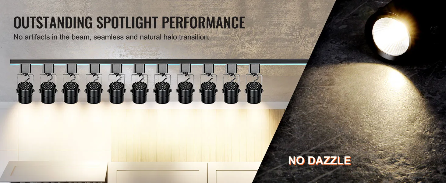 VEVOR led track lighting heads highlighting superior spotlight performance with no artifacts or dazzles.