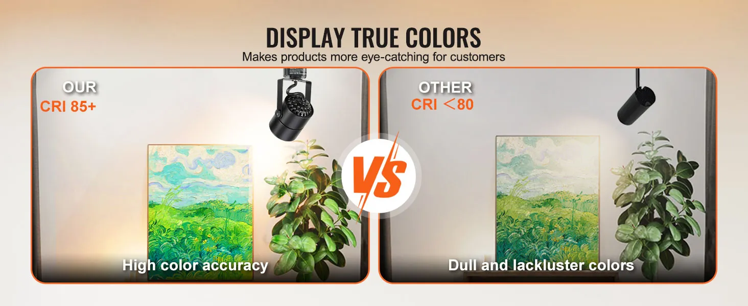 VEVOR led track lighting heads comparison showing high color accuracy with cri 85+ vs dull colors with cri <80.
