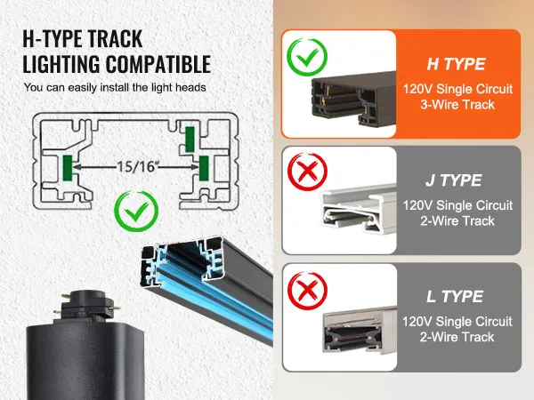 h-type track lighting compatibility for VEVOR led track lighting heads, not for j type or l type tracks.