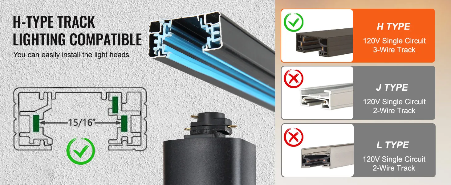 h-type track lighting compatibility for VEVOR led track lighting heads, not for j type or l type tracks.