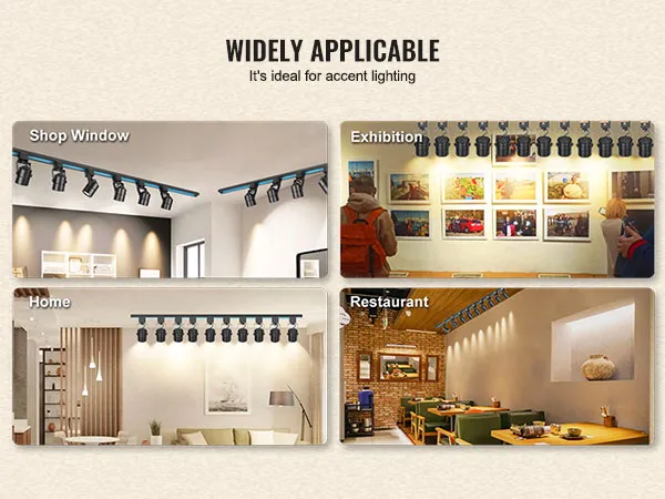 VEVOR led track lighting heads in shop window, exhibition, home, and restaurant settings.