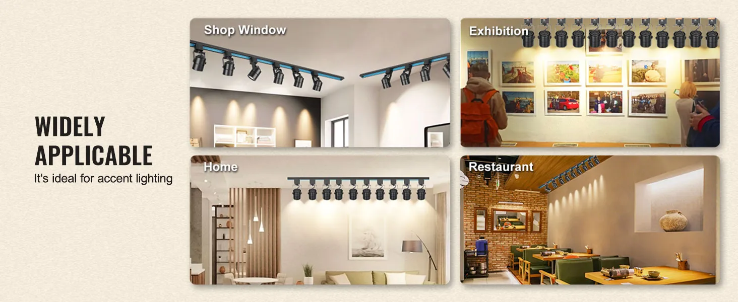 VEVOR led track lighting heads in shop window, exhibition, home, and restaurant settings.
