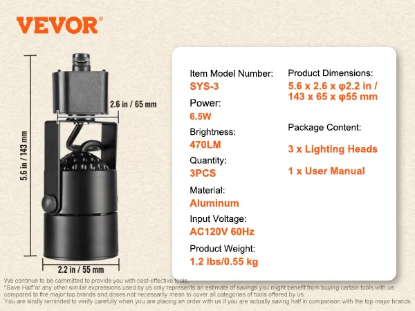 Cabezales de iluminación de riel LED VEVOR, 6,5 W, 470 lm, CA 120 V 60 Hz, 1,2 libras, aluminio, sistema 3, dimensiones: 5,6 x 2,6 pulgadas.