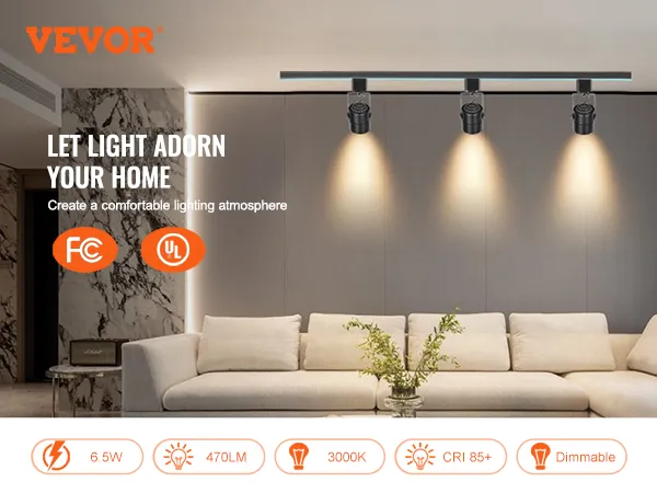 Cabezales de iluminación de riel LED VEVOR que iluminan un interior moderno con luces ajustables y regulables a 3000k.