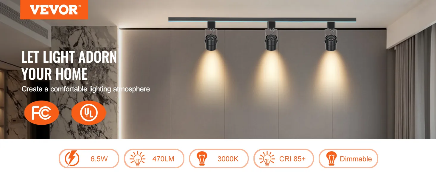 Cabezales de iluminación de riel LED VEVOR que iluminan un interior moderno con luces ajustables y regulables a 3000k.