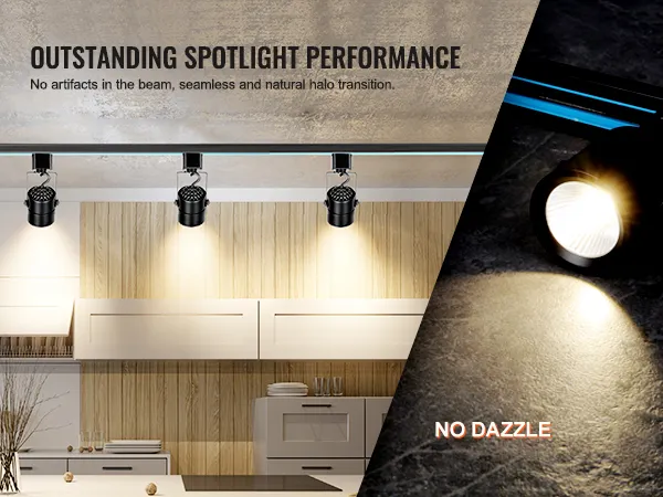 Cabezales de iluminación de riel LED VEVOR que iluminan una cocina moderna, presentando una transición de halo natural y perfecta.