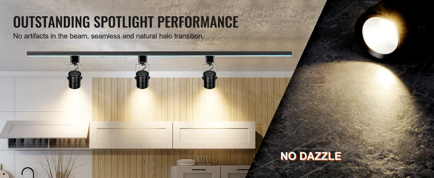 Cabezales de iluminación de riel LED VEVOR que iluminan una cocina moderna, presentando una transición de halo natural y perfecta.