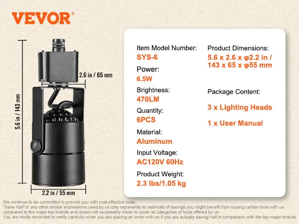 Especificaciones de los cabezales de iluminación de riel LED VEVOR, que incluyen potencia de 6,5 W, brillo de 470 lm y cuerpo de aluminio.