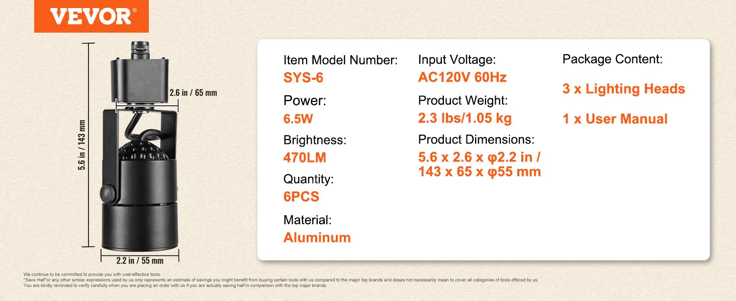 Especificaciones de los cabezales de iluminación de riel LED VEVOR, que incluyen potencia de 6,5 W, brillo de 470 lm y cuerpo de aluminio.
