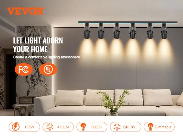 Cabezales de iluminación de riel LED VEVOR que iluminan una habitación moderna, con 6,5 W, 470 lm, 3000 K, CRI 85+, regulables.