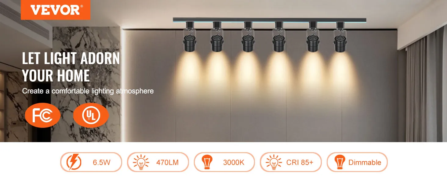 Cabezales de iluminación de riel LED VEVOR que iluminan una habitación moderna, con 6,5 W, 470 lm, 3000 K, CRI 85+, regulables.