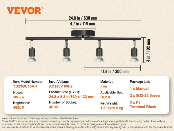Especificaciones del kit de iluminación de riel LED VEVOR: 24,8 x 5,2 pulgadas, 4 enchufes, 5 W x 4, 400 lm, hierro, bombilla gu10.