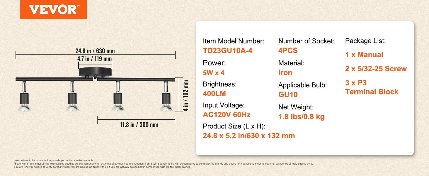 Especificaciones del kit de iluminación de riel LED VEVOR: 24,8 x 5,2 pulgadas, 4 enchufes, 5 W x 4, 400 lm, hierro, bombilla gu10.