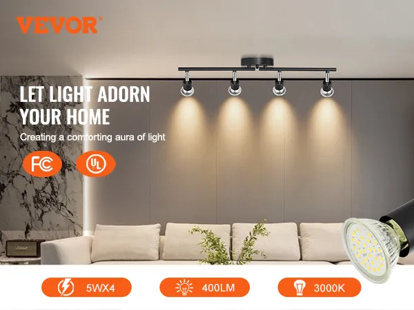 Kit de iluminación de riel LED VEVOR que ilumina una sala de estar moderna con detalles de mármol, 5wx4, 400lm, 3000k.