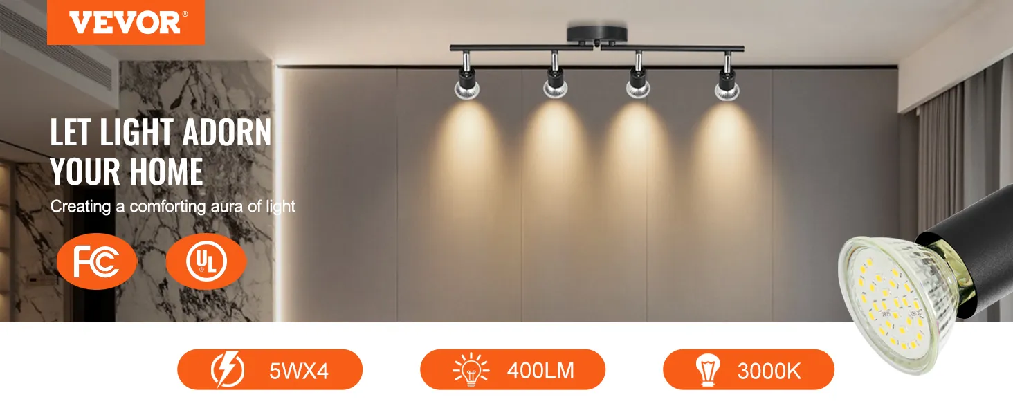Kit de iluminación de riel LED VEVOR que ilumina una sala de estar moderna con detalles de mármol, 5wx4, 400lm, 3000k.