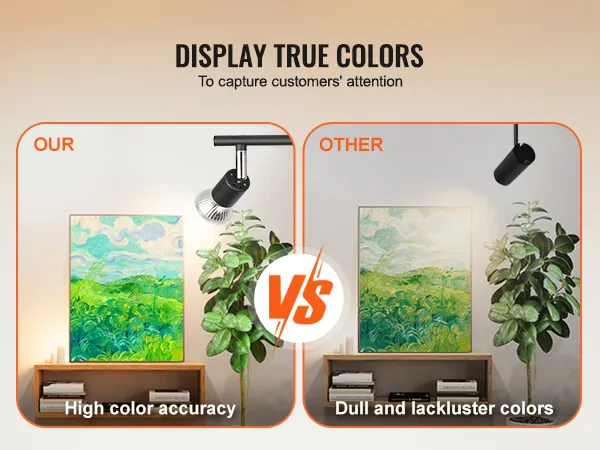 Kit de iluminación de riel LED VEVOR que muestra una alta precisión de color en comparación con los colores apagados de otra iluminación.