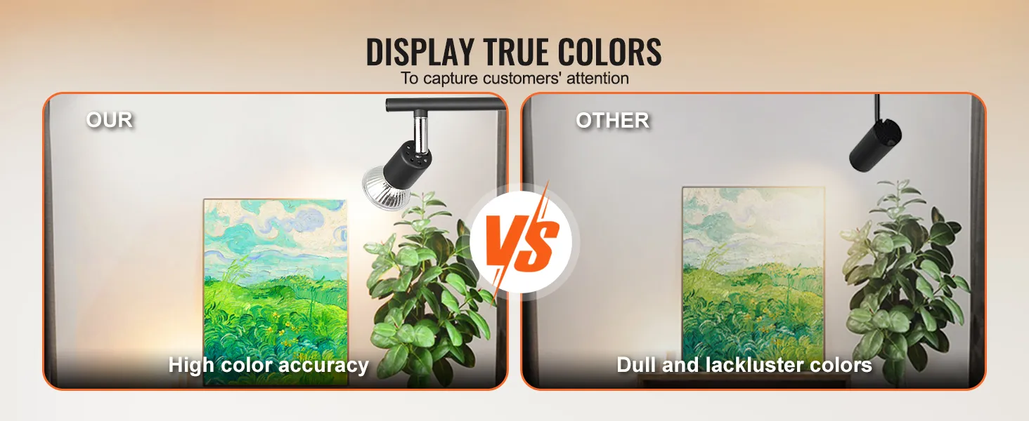 Kit de iluminación de riel LED VEVOR que muestra una alta precisión de color en comparación con los colores apagados de otra iluminación.