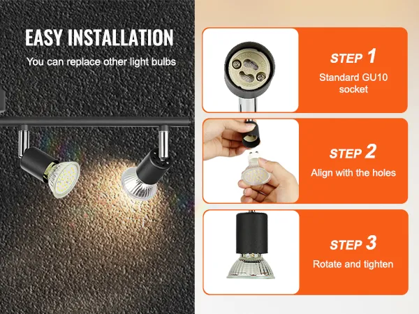 Kit de iluminación de riel LED VEVOR con sencillos pasos de instalación: casquillo gu10, alinear, girar y apretar.