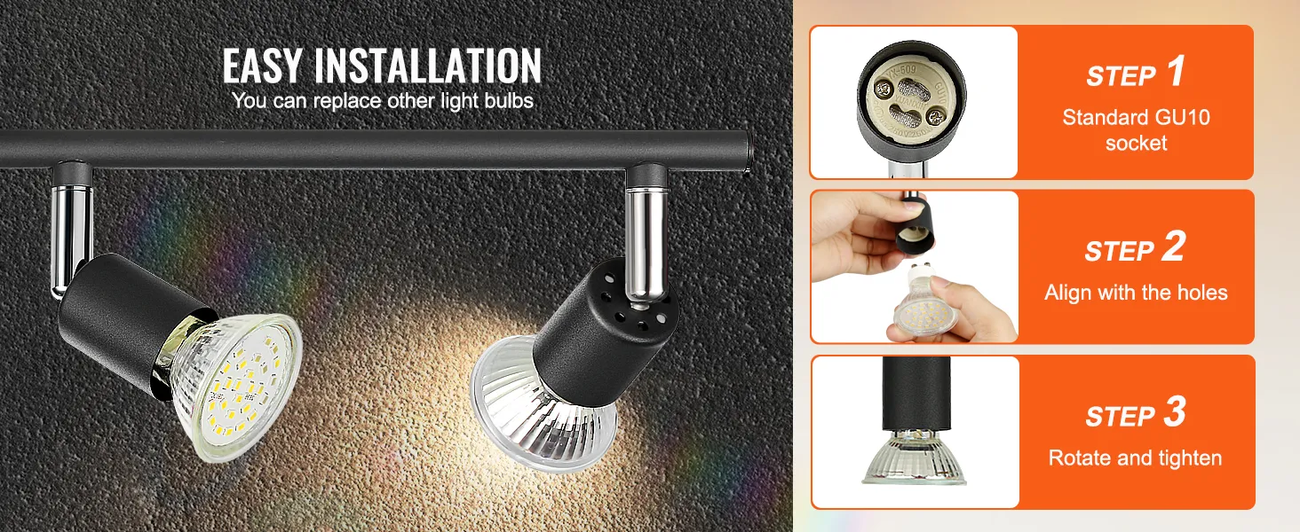 Kit de iluminación de riel LED VEVOR con sencillos pasos de instalación: casquillo gu10, alinear, girar y apretar.