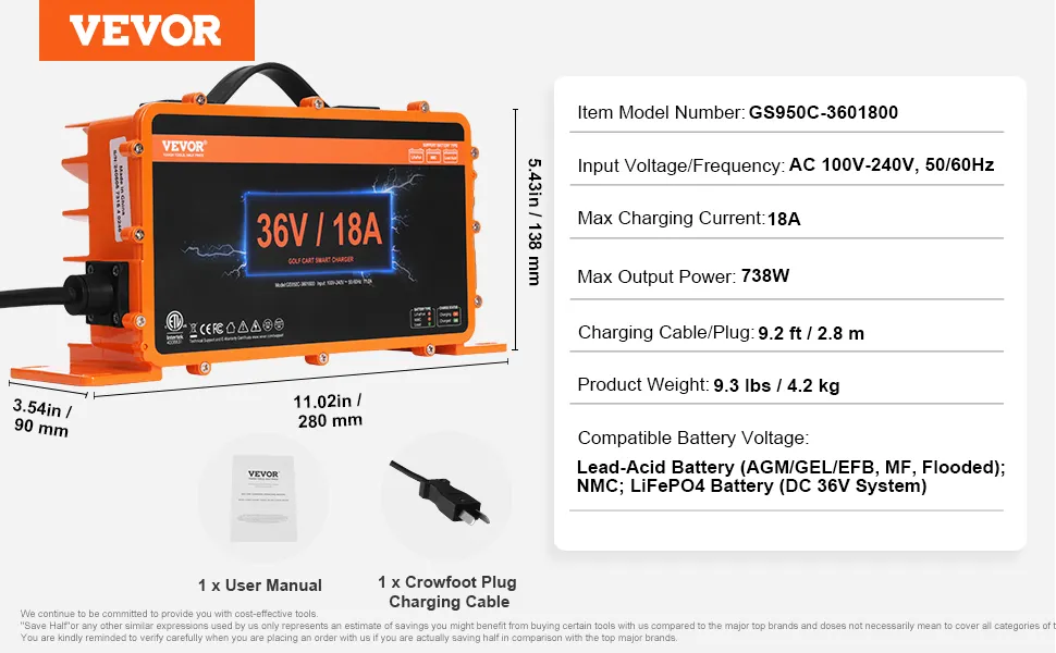 VEVOR golf cart battery charger specs: 36v/18a, 738w, 100v-240v input. includes user manual, crowfoot plug.
