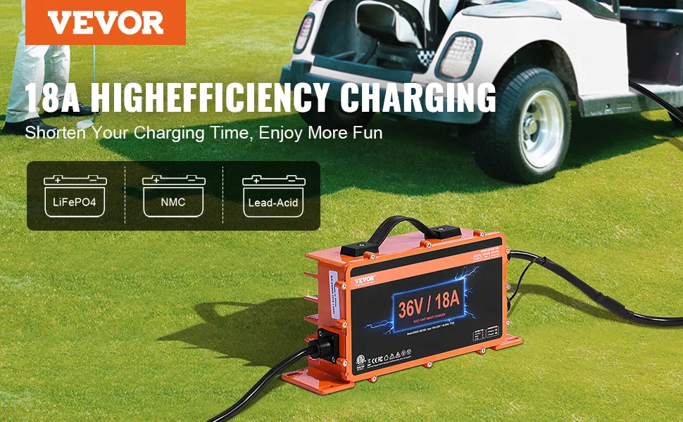 VEVOR golf cart battery charger showcasing 18a high efficiency charging for lifepo4, nmc, and lead-acid batteries.