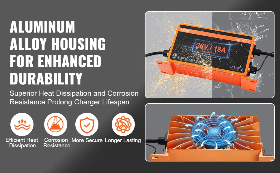 VEVOR golf cart battery charger with aluminum alloy housing, 36v/18a, heat dissipation, corrosion resistance.