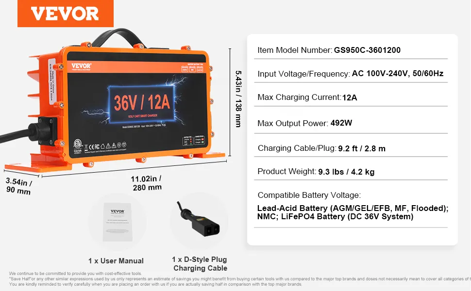 Ładowarka akumulatorów wózków golfowych VEVOR 36 V, 36 V/12 A, prąd zmienny 100–240 V, 492 W, z instrukcją obsługi i kablem ładującym.