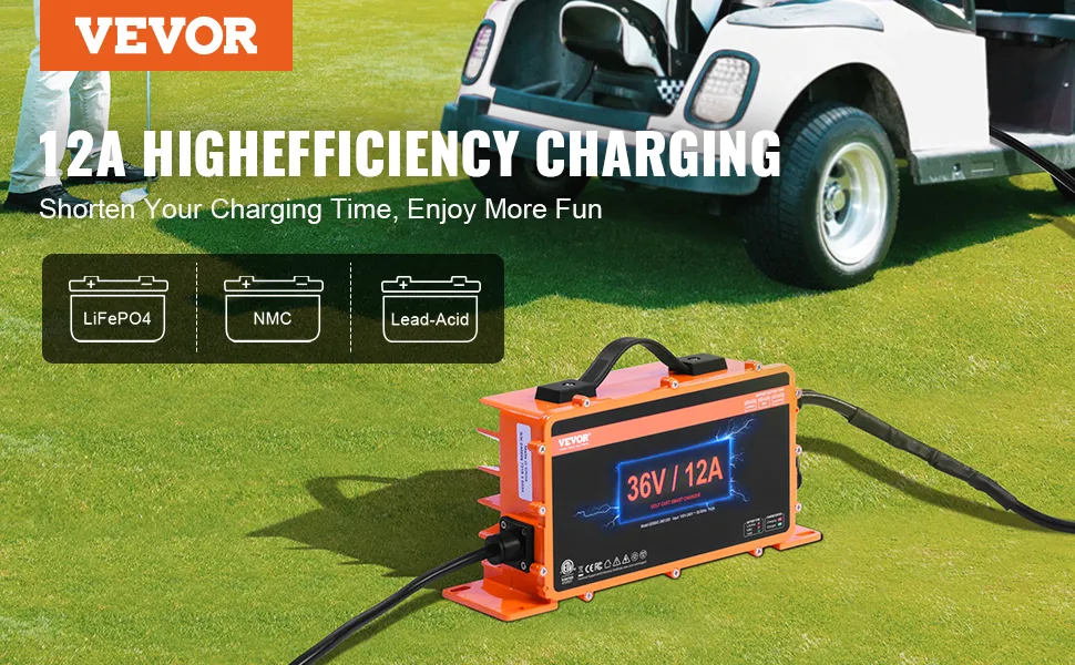 Ładowarka akumulatorów wózków golfowych VEVOR 36 V o wysokiej wydajności ładowania 12 A, odpowiednia do akumulatorów lifepo4, nmc i kwasowo-ołowiowych.