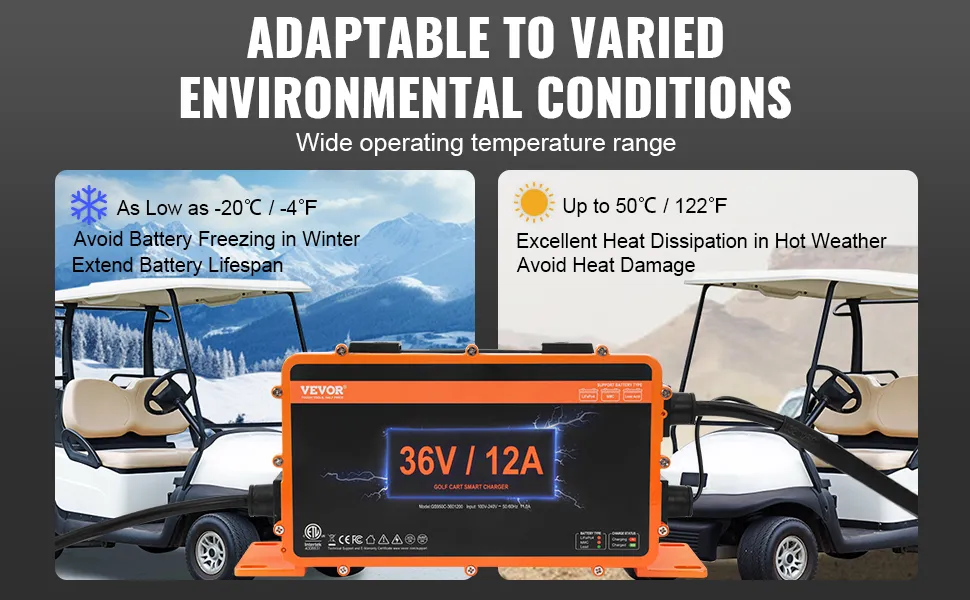 Ładowarka akumulatorów wózków golfowych VEVOR 36 V, dostosowana do ekstremalnych temperatur od -20°C do 50°C.