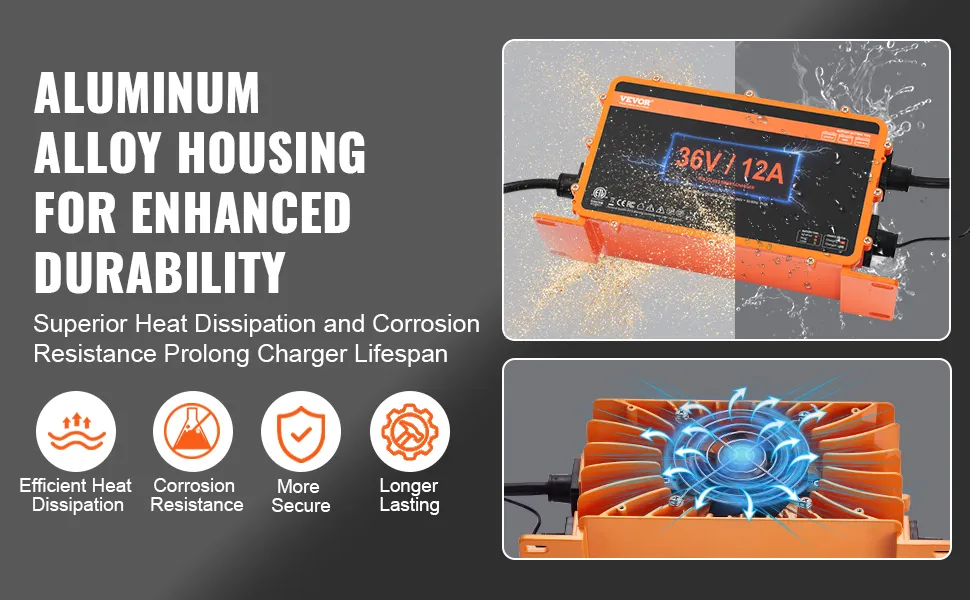 Ładowarka akumulatorów wózków golfowych VEVOR 36 V z obudową ze stopu aluminium zapewniającą trwałość, odprowadzanie ciepła i odporność na korozję.