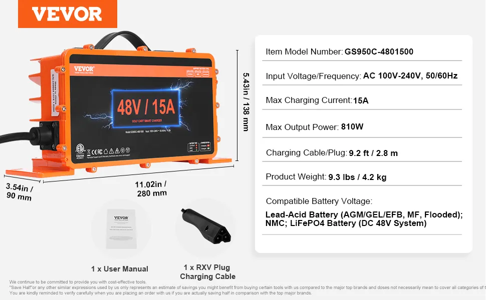 Ładowarka akumulatorów wózków golfowych VEVOR, 48 V/15 A, wymiary, wtyczka, instrukcja obsługi, prąd zmienny 100 V–240 V.