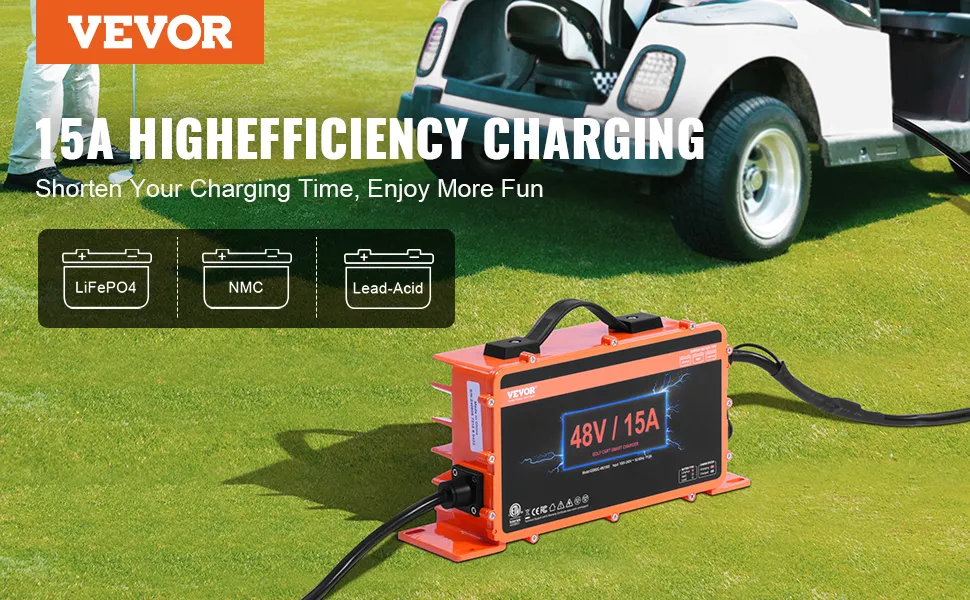 Ładowarka akumulatorów wózków golfowych VEVOR z wyjściem 48 V/15 A na zielonym polu, kompatybilna z akumulatorami lifepo4, nmc i kwasowo-ołowiowymi.