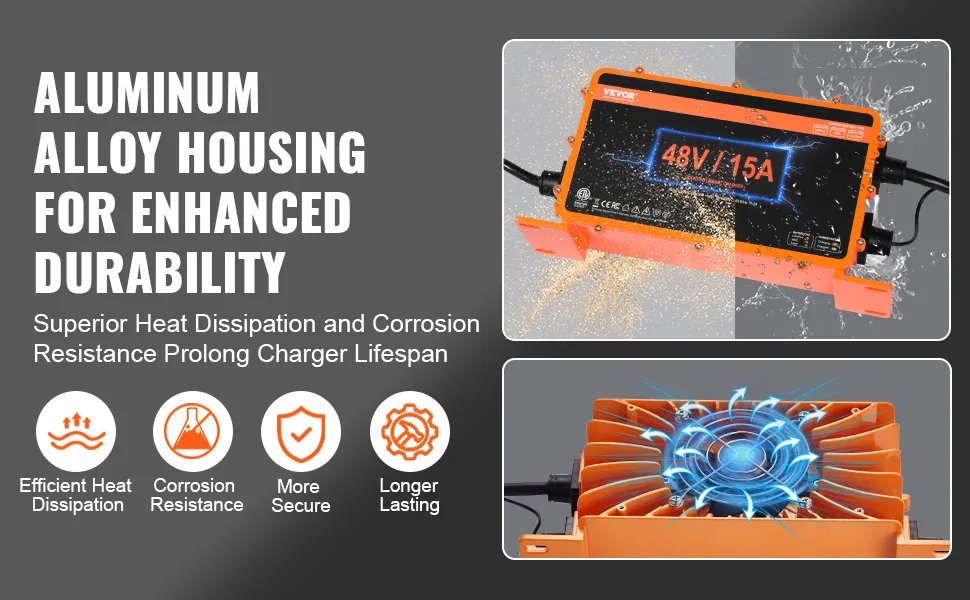 Ładowarka akumulatorów wózków golfowych VEVOR z obudową ze stopu aluminium, wydajnym odprowadzaniem ciepła i odpornością na korozję.