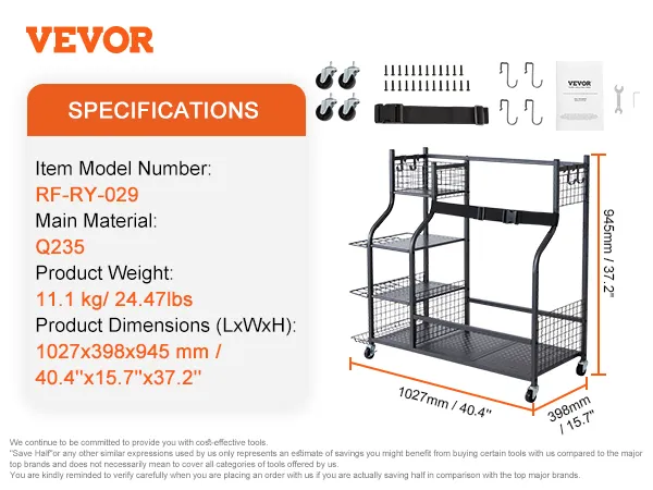 VEVOR golf opberg garage organizer, 945mm hx 1027mm bx 398mm d, met montagegereedschap en onderdelen.