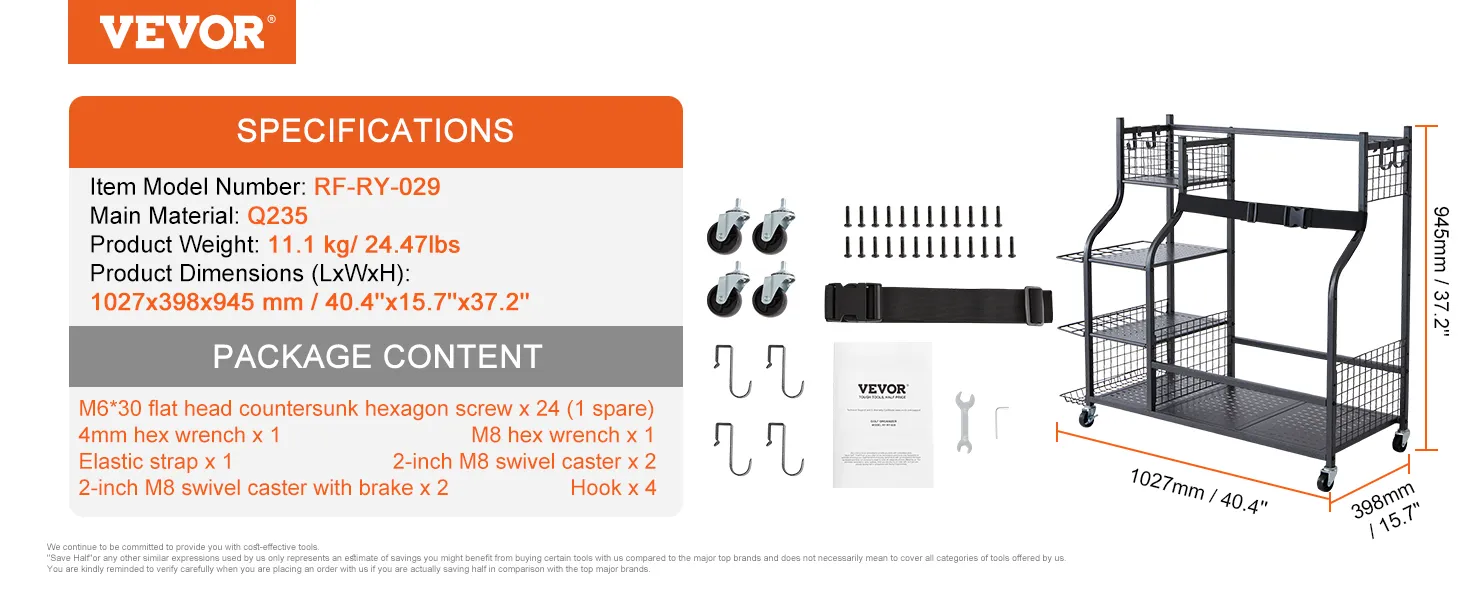VEVOR golf opberg garage organizer, 945mm hx 1027mm bx 398mm d, met montagegereedschap en onderdelen.