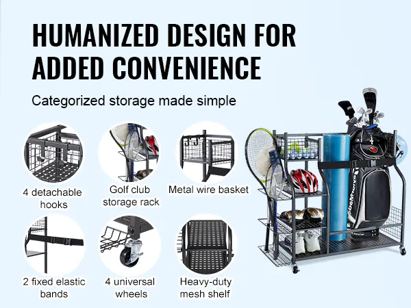 VEVOR golfgarage-organizer met afneembare haken, golfclubrek, draadmand en universele wielen.