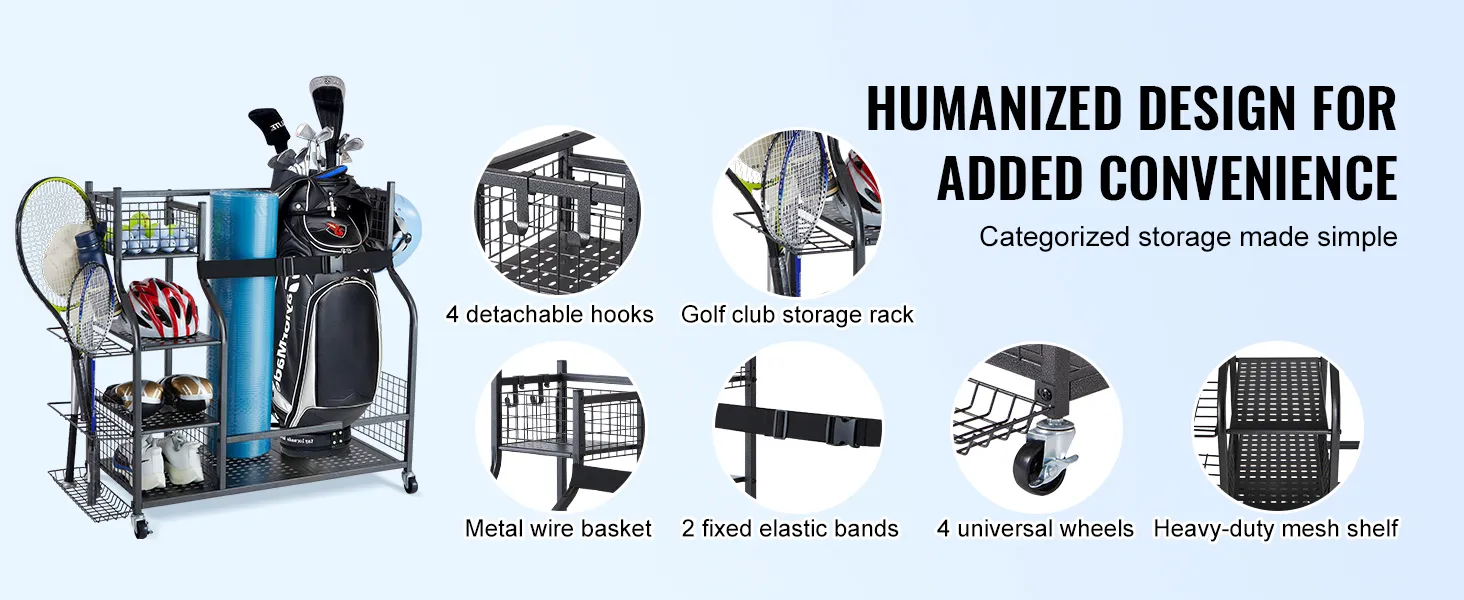 VEVOR golfgarage-organizer met afneembare haken, golfclubrek, draadmand en universele wielen.