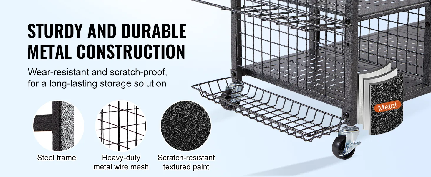 Robuuste VEVOR golf-opberggarage-organizer met duurzaam, slijtvast metalen frame, gaas en wielen.