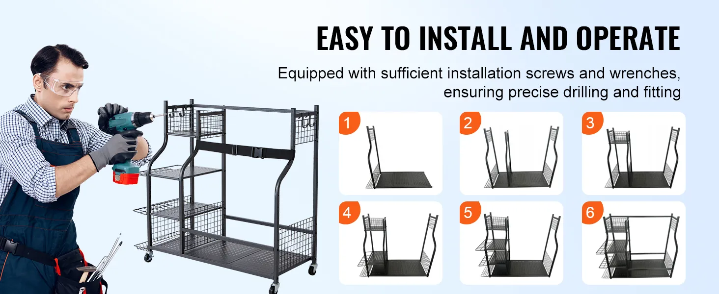 VEVOR golfopslaggarage-organizer met eenvoudige installatiehandleiding en benodigde gereedschappen inbegrepen.