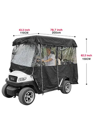 Carcasa para carrito de golf VEVOR de color negro con laterales transparentes y dimensiones marcadas.