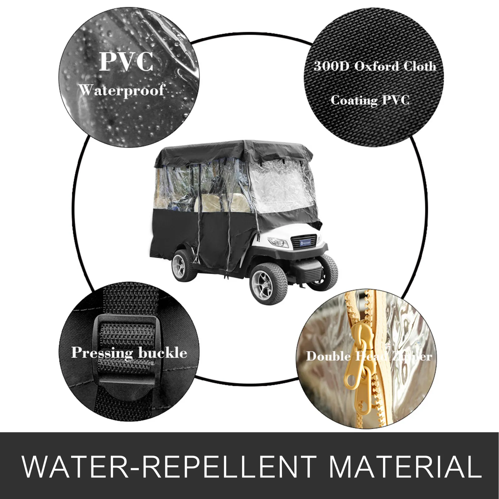 Carcasa para carrito de golf VEVOR con material repelente al agua y hebilla de presión resistente.