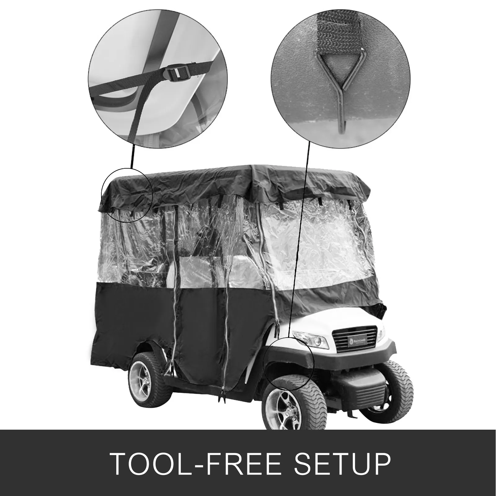 Carcasa para carrito de golf VEVOR negra y transparente con correas y ganchos, instalación sin herramientas.